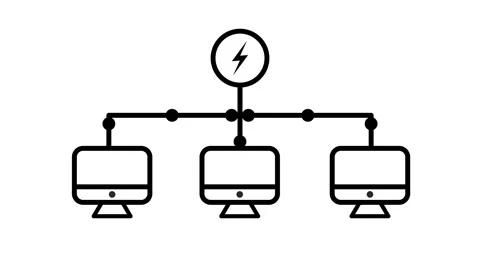 Lightning bolt power connected to three computer monitors animation Stock Footage 340251636
