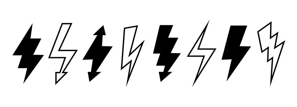 Lightning bolt set. Black and outline thunder bolt symbol collection. Flash Stock Illustration