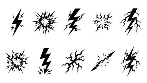Lightning bolt strike and electricity spark dynamic vector graphic elements Stock Illustration