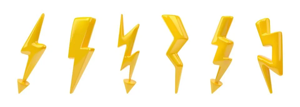 Lightning bolt. Thunder flash logo, isolated yellow cartoon render glossy Stock Illustration