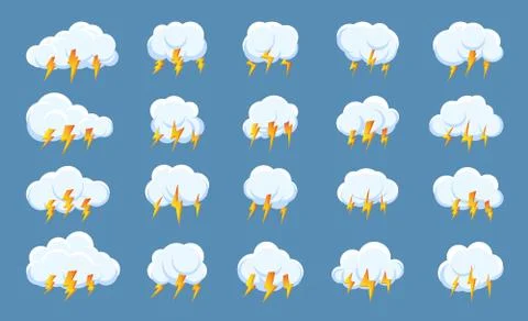 Lightning bolt thunderstorm cloud icon vector set Stock Illustration