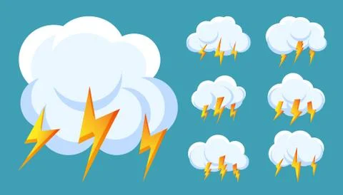 Lightning bolt thunderstorm cloud icon vector set Stock Illustration