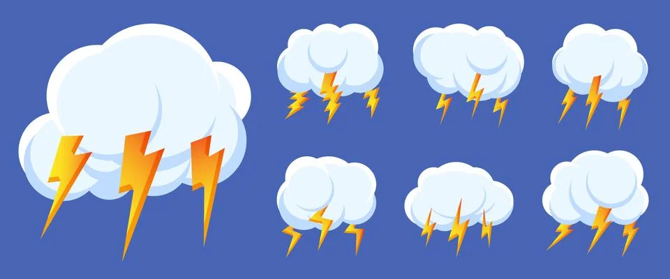 Lightning bolt thunderstorm cloud icon vector set Stock Illustration