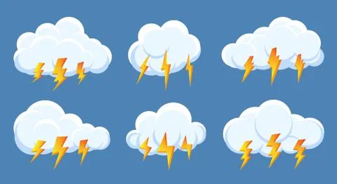 Lightning bolt thunderstorm cloud icon vector set Stock Illustration