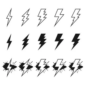Lightning bolt vector icons set with flash strike silhouette and comic Stock Illustration