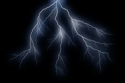 Lightning bolts isolated on black background. Thunder electric strike Stock Illustration