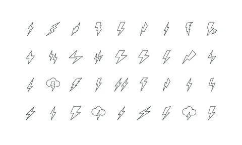 Lightning bolts of various shape or style, electric energy voltage, warning line Stock Illustration
