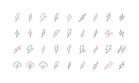 Lightning bolts of various shape or style, electric energy voltage, warning line Stock Illustration