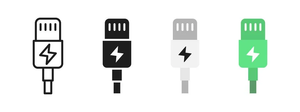 Lightning charging cable icon set. Phone charger plug symbol. USB charge ad.. Stock Illustration
