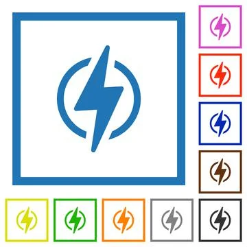 Lightning in circle outline flat framed icons Stock Illustration