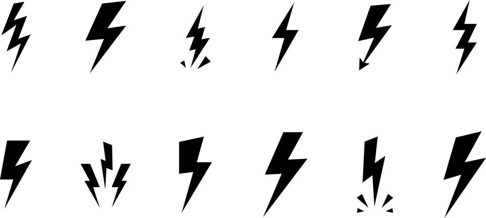 Lightning comic vector icons set. Volt elements. Flash signs. Charge and voltage Stock Illustration
