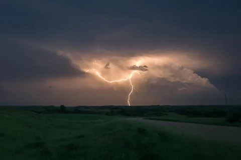 Lightning discharge from a severe thunderstorm in North Dakota Stock Photos