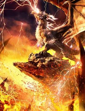 Lightning dragon roars furiously spewing a stream of lightning into the sky c Stock Illustration