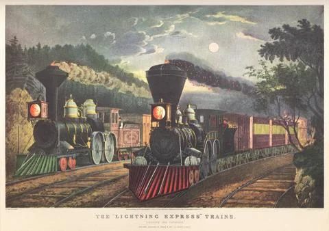 "The Lightning Express Trains. Leaving the Junction." by Currier and Ives Stock Illustration
