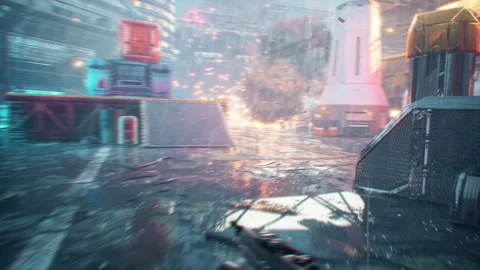 Lightning-fast approach across reactive surface in cybernetic defense grid. 스톡 동영상 318294301