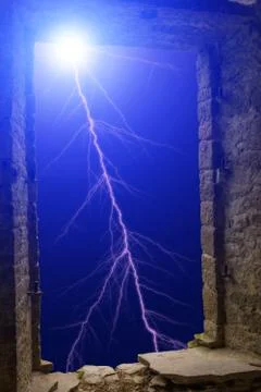Lightning flash stone window Stock Photos