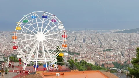 Lightning flashed in sky over Barcelona Amusement Park on Tibedabo Stock Footage 99886936