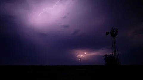 Lightning Flashes Behind Old Windmill Stock Footage 109500124
