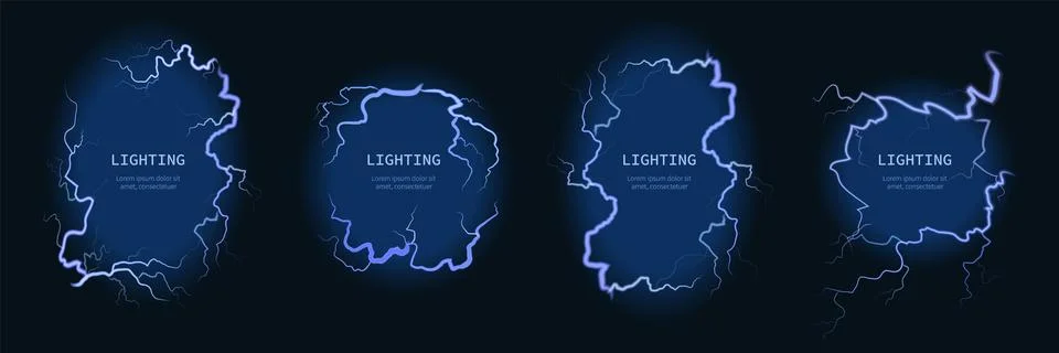 Lightning frames. Storm thunderbolts borders, Glowing thunderstorm isolated Illustrazione stock