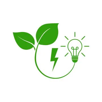 Lightning with green leaf and bulb. Eco sign design. Vector illustration. Stock Illustration