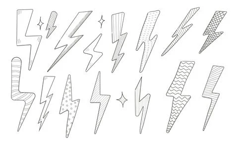 Lightning hand drawn set vector. Doodle thunder sign collection. Sketch elect 스톡 일러스트
