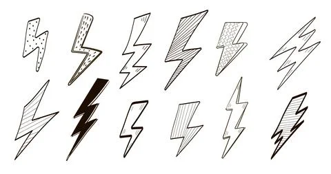 Lightning hand drawn set vector. Doodle thunder sign collection. Sketch elect 스톡 일러스트