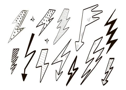 Lightning hand drawn set vector. Doodle thunder sign collection. Sketch elect Stock Illustration