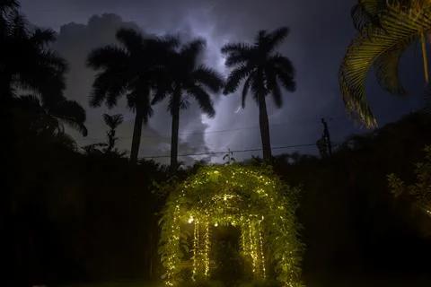 Lightning illuminates the night sky over a backyard Stock Photos