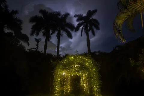 Lightning illuminates the night sky over a backyard Stock Photos
