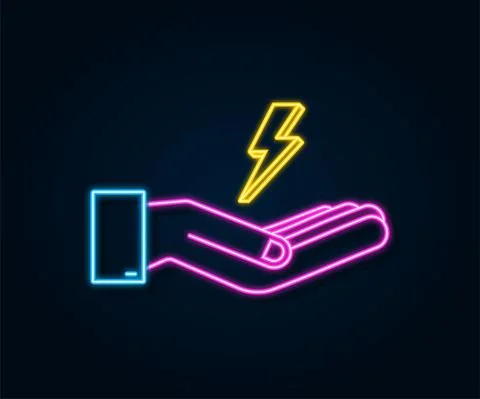 Lightning neon bolt in hands. Thunder bolt, lighting strike expertise. Vector 스톡 일러스트