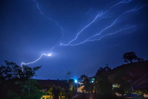 Lightning in the night, Thunder images and light trail Stock Photos