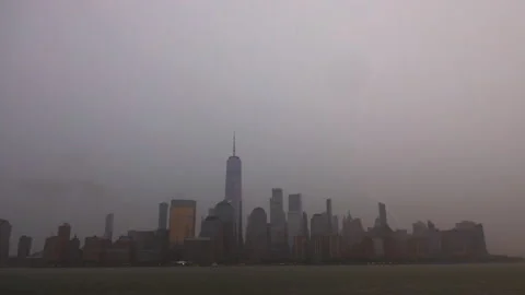 Lightning occurs during thunderstorm among Lower Manhattan skyscraper NYC. Stock-Footage 155607126