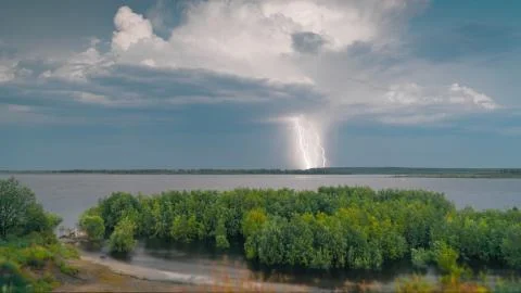 Lightning on the river Ob Stock Photos