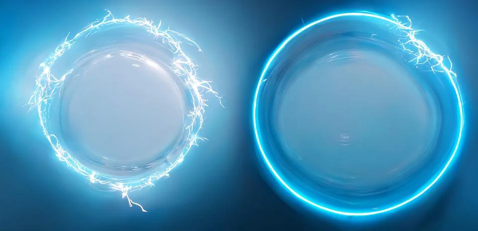Lightning round frame. Blue plasma magical portal. Glass ball and lightning. Stock Illustration