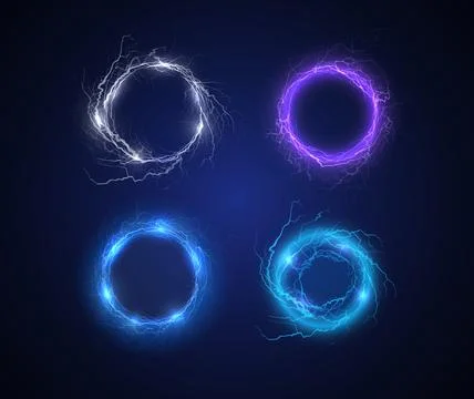 Lightning round frame different colors vector set, rays bright power, circle Illustrazione stock