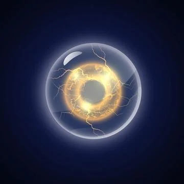 Lightning round frame in sphere shield, yellow rays bright power in defense Illustrazione stock