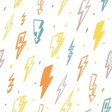 Lightning seamless pattern. Orange flashes powerful in green thunderstorm with Stock Illustration