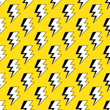 Lightning seamless pattern. Yellow background with electric lightning bolts. Stock Illustration