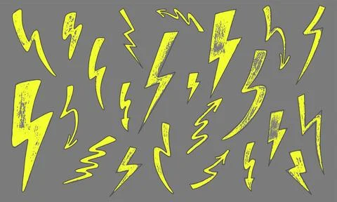 Lightning set with hand drawn grunge texture. Vector stock illustration isolated Stock Illustration