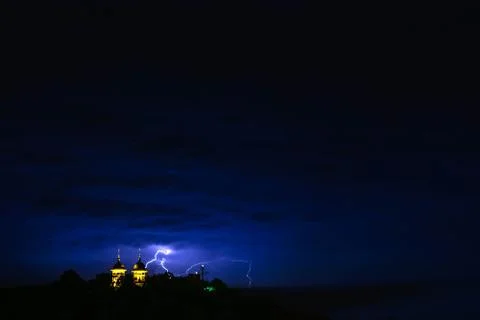LIghtning stike over the chapel during the storm Stock-Fotos