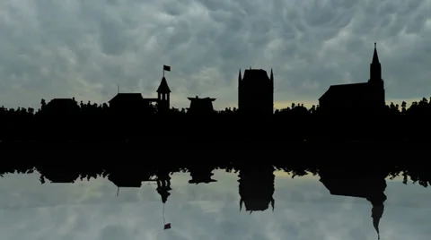 Lightning In Storm Clouds with city silhouette 스톡 동영상 35184409