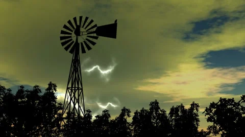 Lightning In Storm Clouds with Rain and Windmill Siluet Video stock 34978125