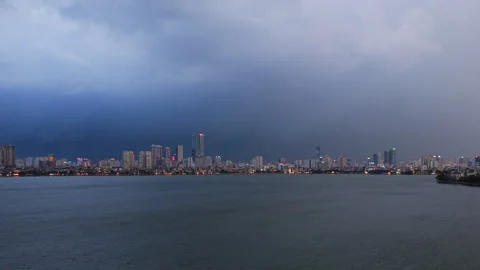 Lightning Storm Over Hanoi Skyline And West Lake At Night Stock Footage 336694466