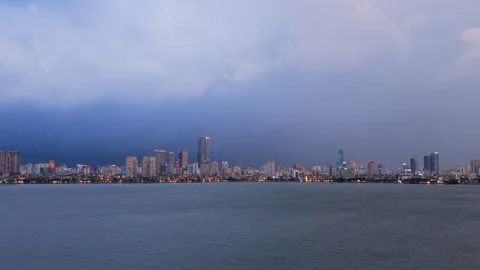 Lightning Storm Over Hanoi Skyline And West Lake At Dusk Stock Footage 336694679