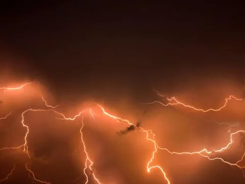 Lightning storm,  thunderstorm flash over the night sky. stormy weather - Stock Photos