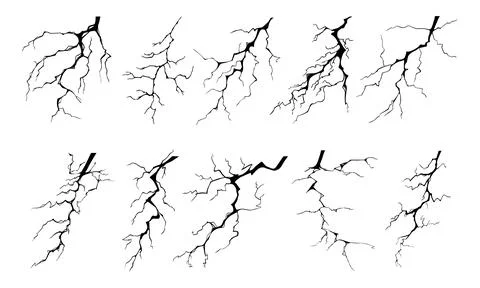 Lightning strike bolt silhouettes vector illustration set. Stock Illustration