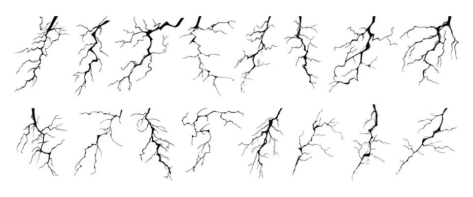Lightning strike bolt silhouettes vector illustration set. Stock Illustration