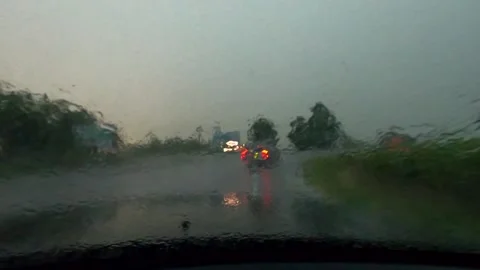 Lightning strike during heavy rain in the center of a hurricane Stock Footage 158143075