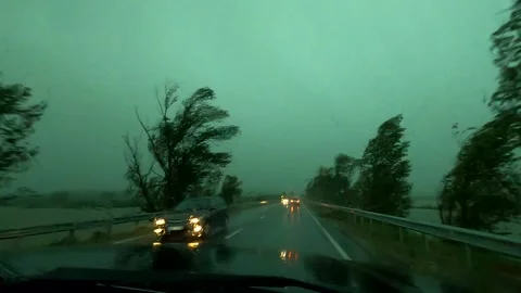 Lightning strike during heavy rain in the center of a hurricane Stock Footage 158144207