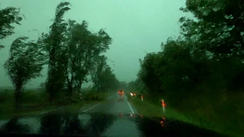 Lightning strike during heavy rain in the center of a hurricane Stock Footage 158145299